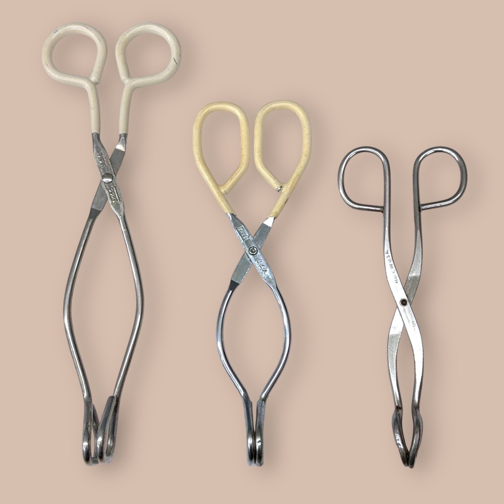 Vintage EKCO USA Kitchen Tongs Set of 3 Metal Scissor Style Tongs Silver Cream